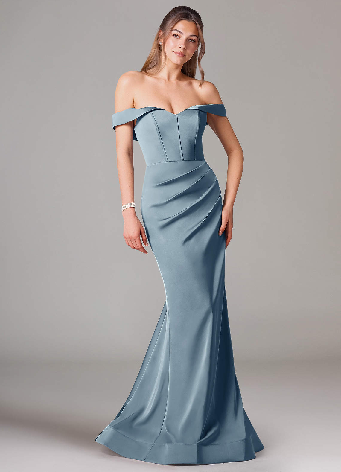 Azazie Everly Bridesmaid Dresses Dusty Blue Mermaid Off the Shoulder Stretch Satin Convertible Dress image1