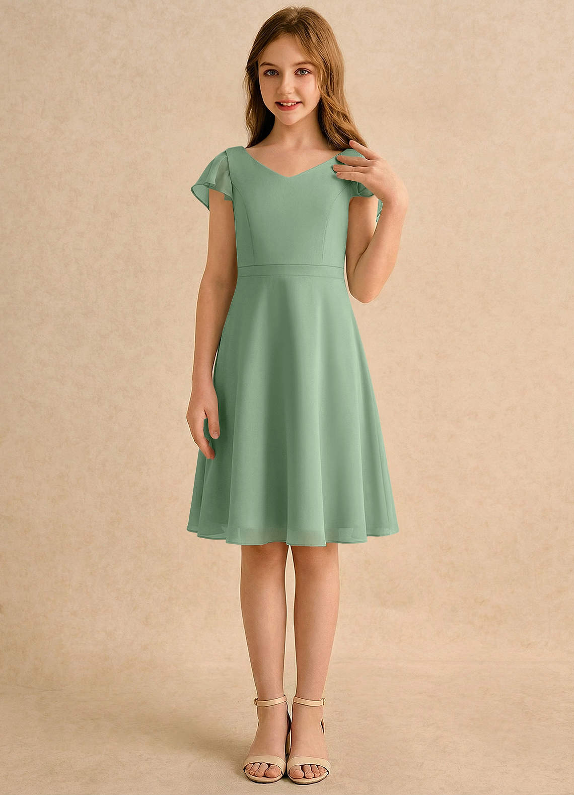 Azazie Narin Girls Formal Blumenmädchenkleider A-Linie mit ärmel Chiffon Kleid Matcha image3