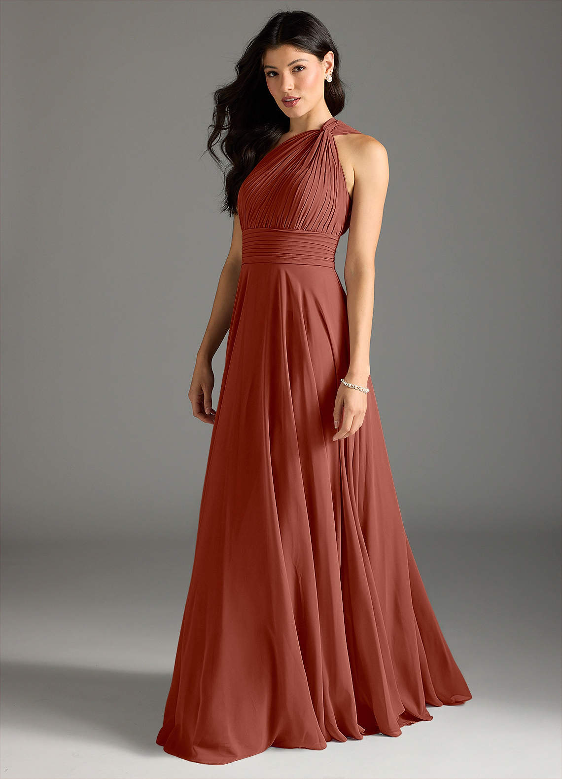 Azazie Charlize Bridesmaid Dresses Auburn A-Line One Shoulder Chiffon Dress image3