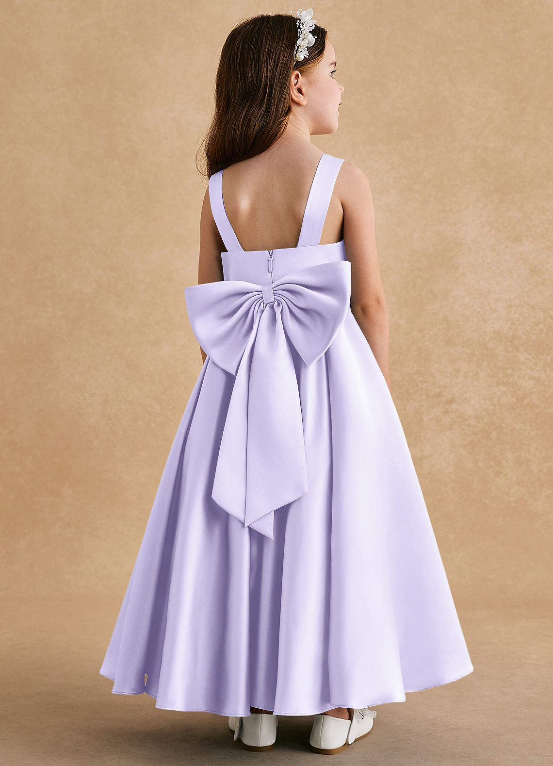 Azazie Honey Bear Flower Girl Dresses Lilac A-Line Pleated Matte Satin Dress image1