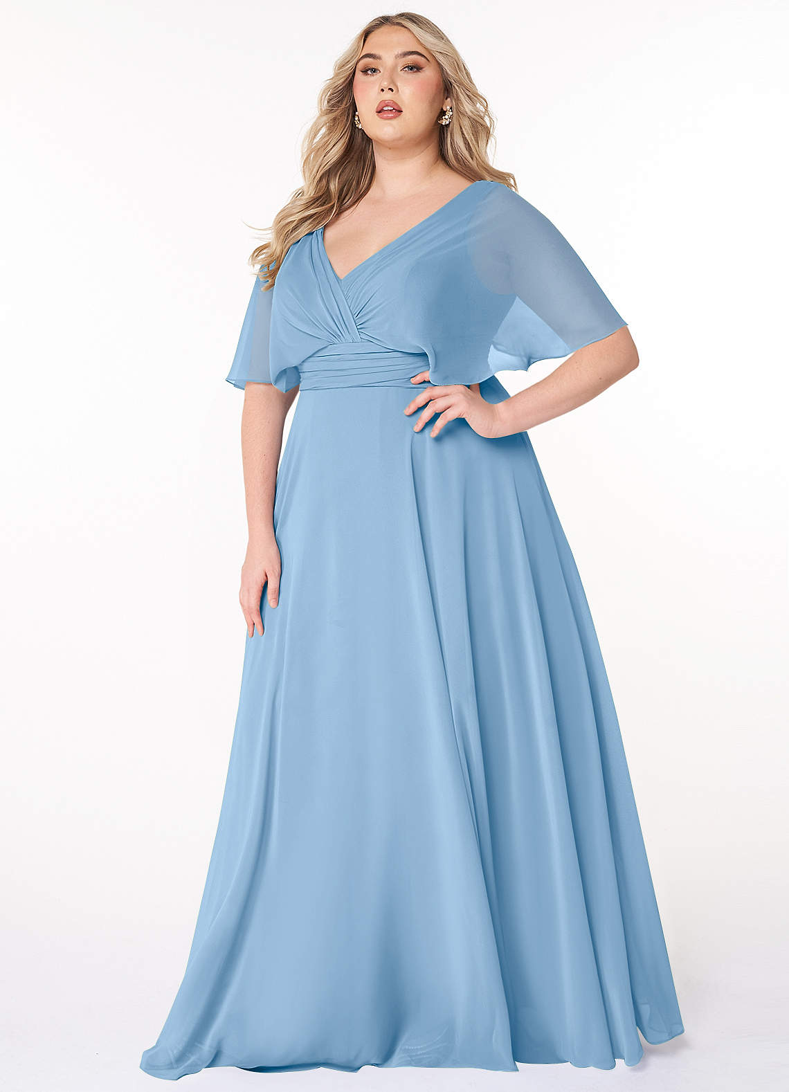 Azazie Pamela Robes de demoiselle d'honneur Robe Trapèze en Mousseline de soie Col V plissé Poudre Bleue image1