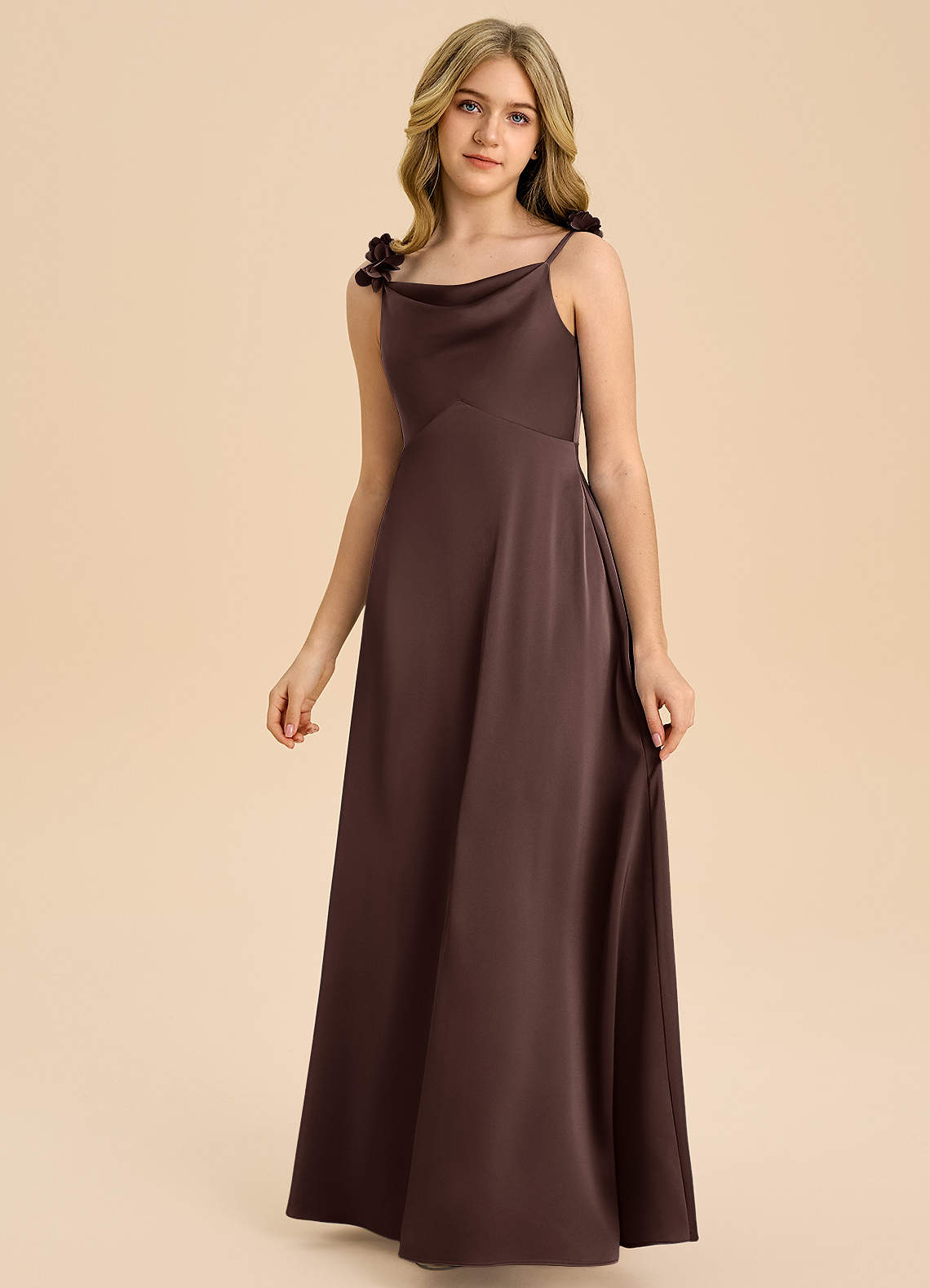 Azazie Gumdrop Junior Ganache Empire Pleated Stretch Satin Dress image2