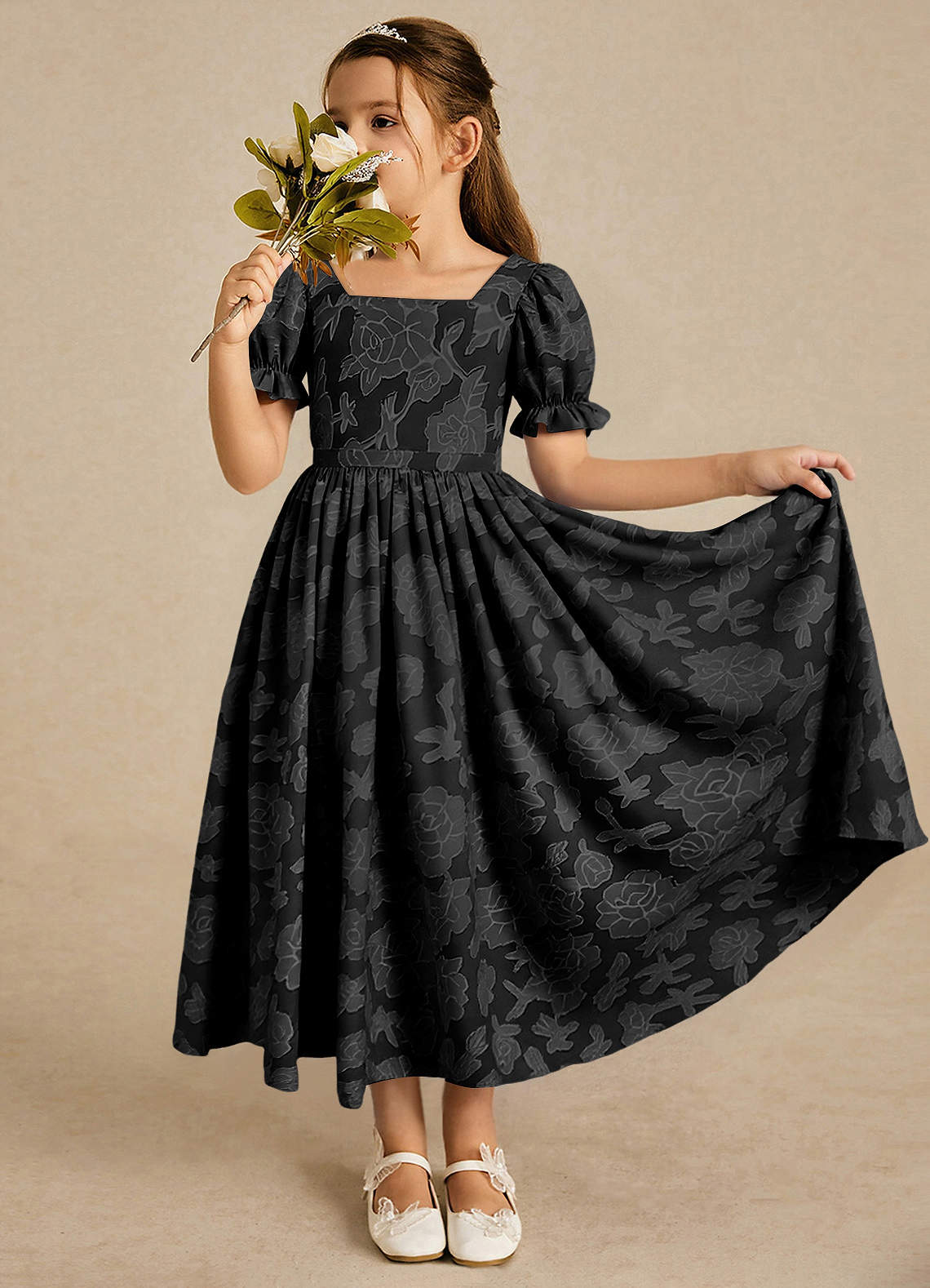 Azazie Joss Flower Girl Dresses Black A-Line with Sleeves Floral Burnout Dress image1