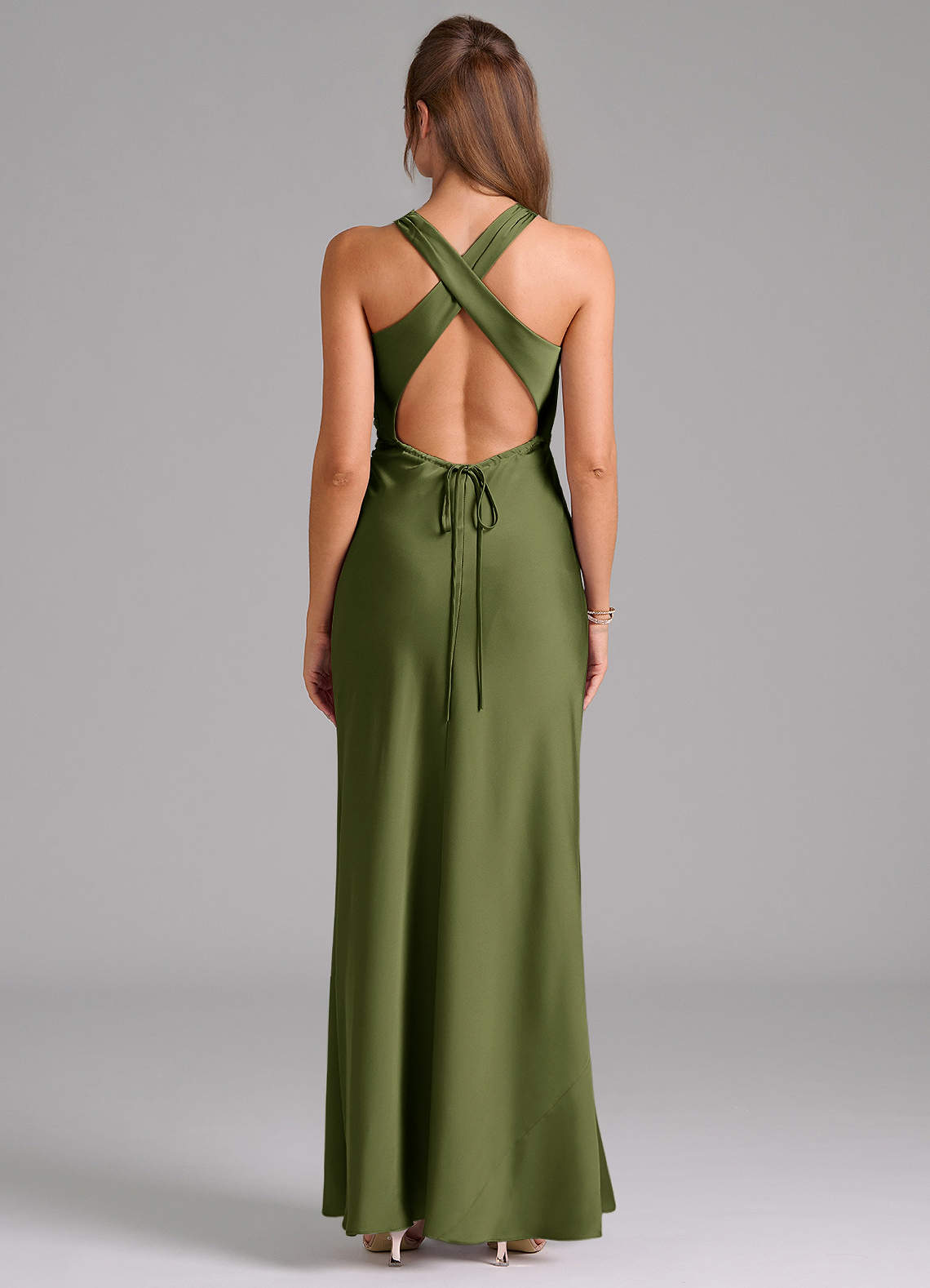 Azazie Evadne Bridesmaid Dresses Olive Sheath Pleated Stretch Satin Dress image1