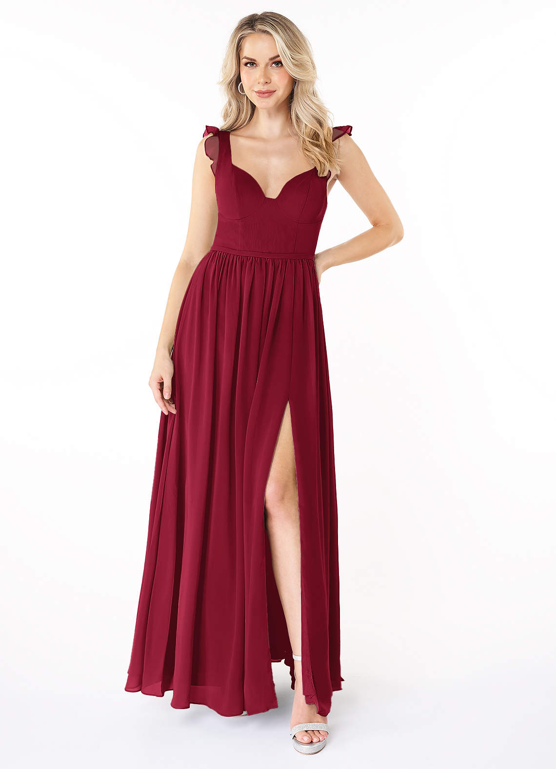 Azazie Stassie Probar vestidos en casa Vestido de Borgoña de Gasa de Corte en A con Corazón fruncido image1