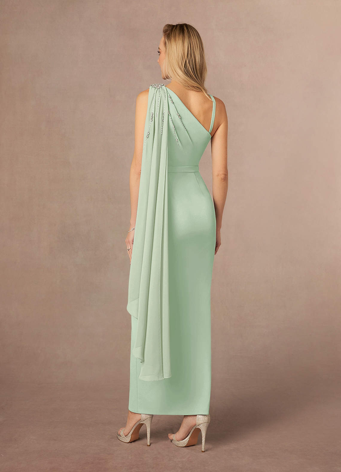 Azazie Gianna Venta Final Vestido de Salvia Polvorienta de Crepé elástico con Hombro unilateral image2