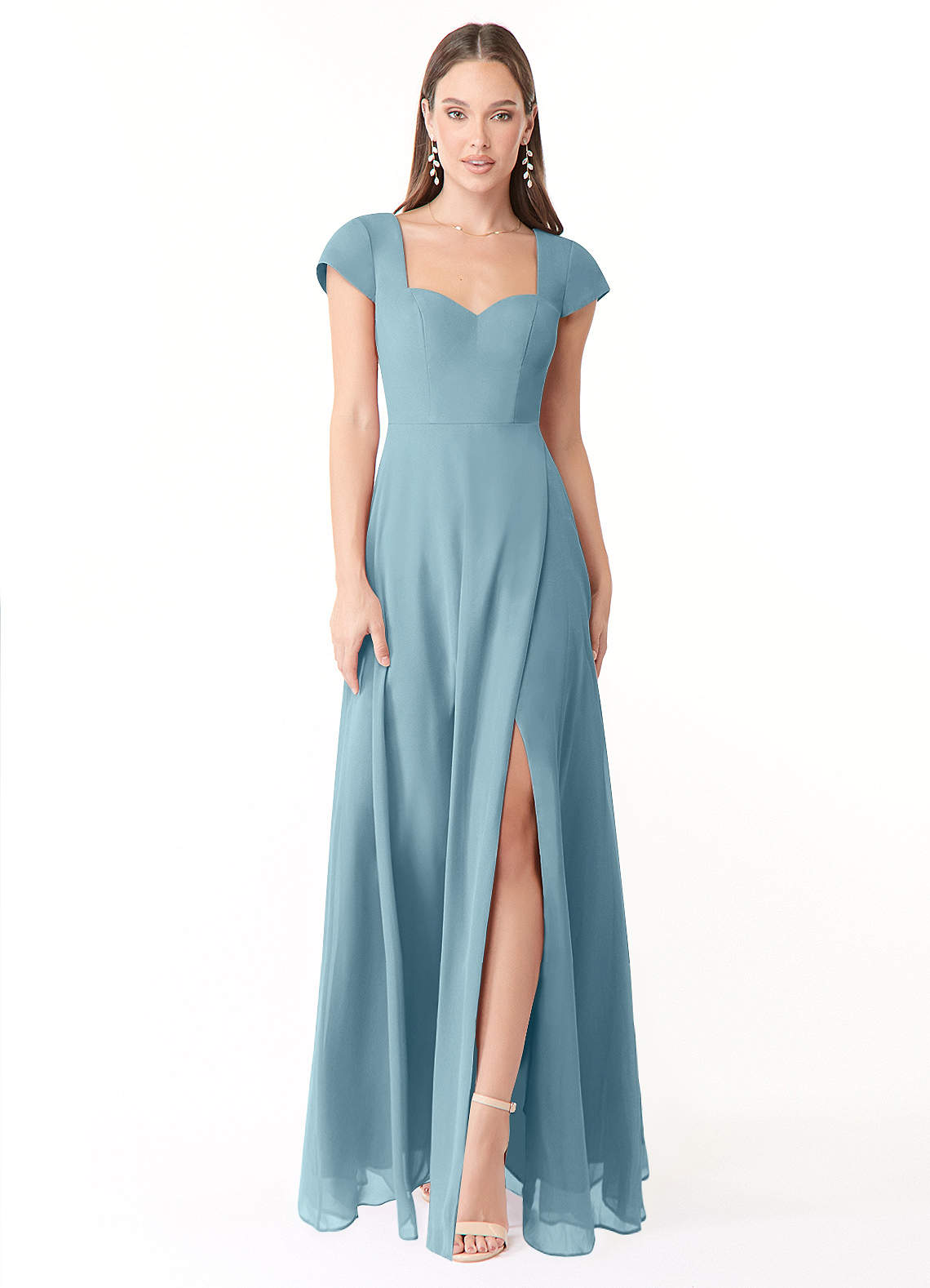 Azazie Hainsly Robes de demoiselle d'honneur Robe Trapèze en Mousseline de soie Encolure en Forme de Cœur Bleu Maussade image1