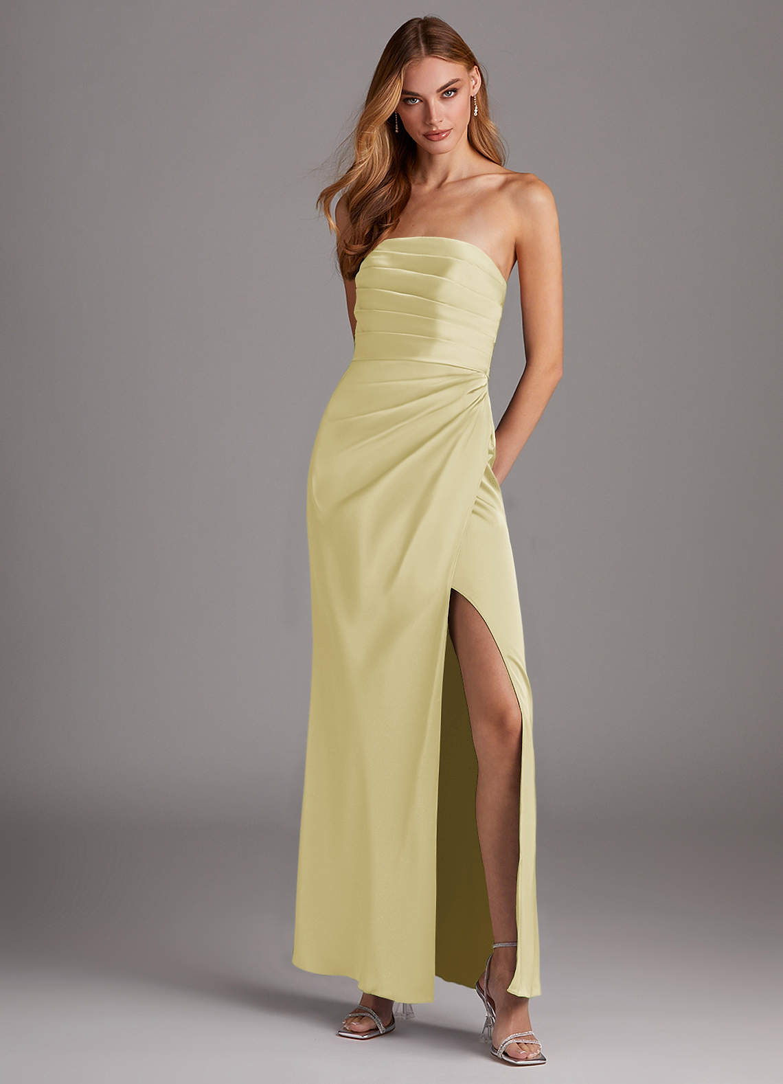 Azazie Lexie Ready to Ship Lemon Sorbet Stretch Satin Bridesmaid Dresses