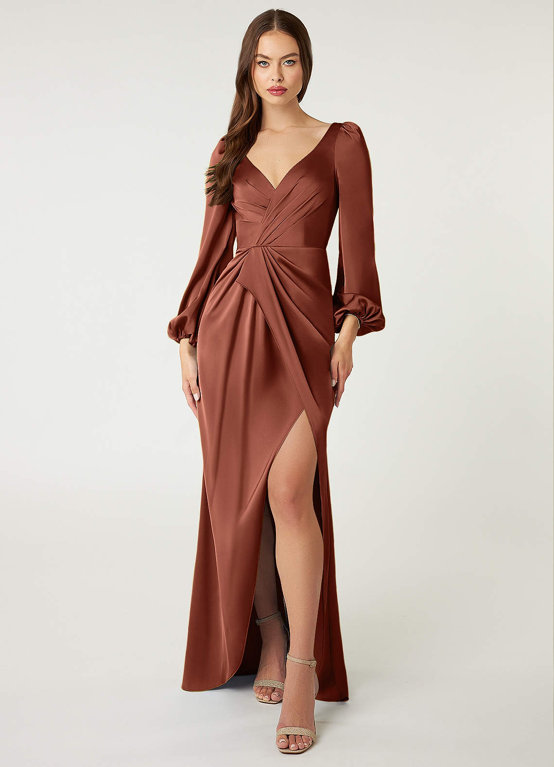 Azazie Mel Brautjungfernkleider Etui Langarm Stretch-Satin Kleid Lehm image1