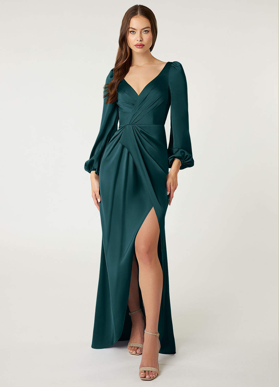 Azazie Mel Brautjungfernkleider Etui Langarm Stretch-Satin Kleid Kiefer image1