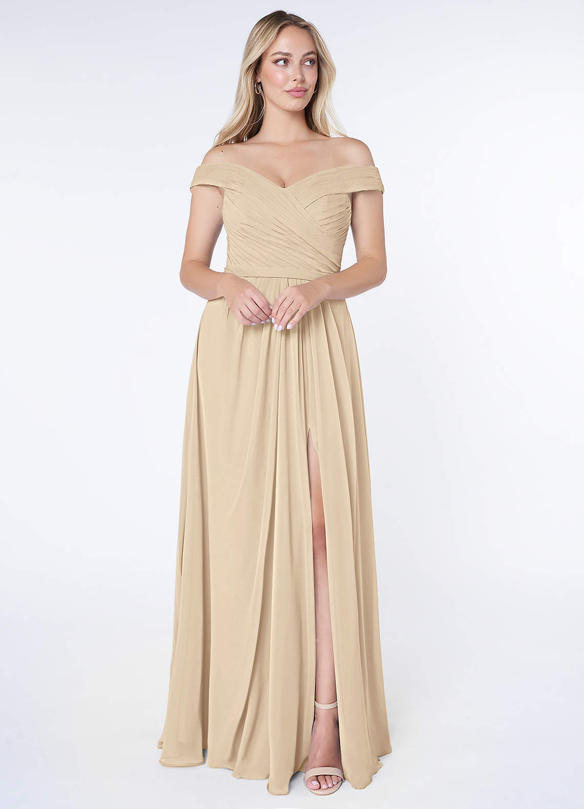 Azazie Audrianna Brautjungfernkleider Wandelbar A-Linie Schulterfrei gerafft Chiffon Kleid Champagner image1
