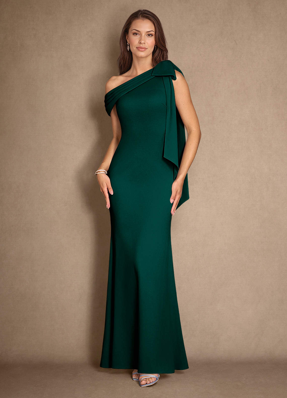 Azazie Myers Mother of the Bride Dresses Pine Mermaid Pleated Stretch Crepe Dress image1