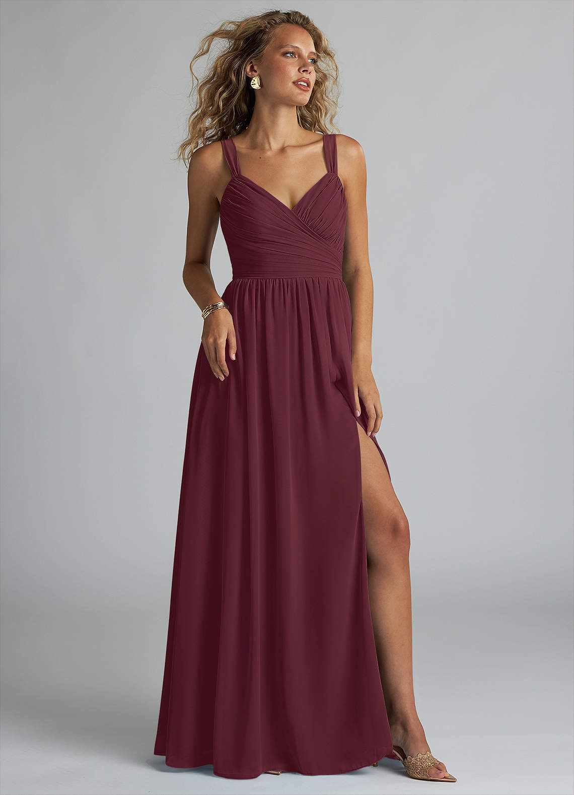Azazie Aziza Bridesmaid Dresses Cabernet A-Line V-Neck Pleated Chiffon Dress image1