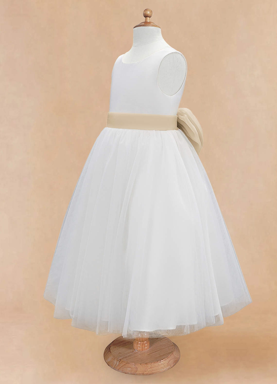 Azazie Kavi Flower Girl Dresses Ivory Champagne A-Line Bow Matte Satin Dress image8