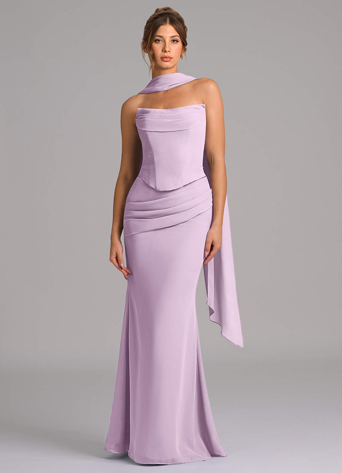 Azazie Sorrel Vestidos de damas de honor Vestido de Lila Esmerilada de Gasa de Corte Sirena con Corsé image3