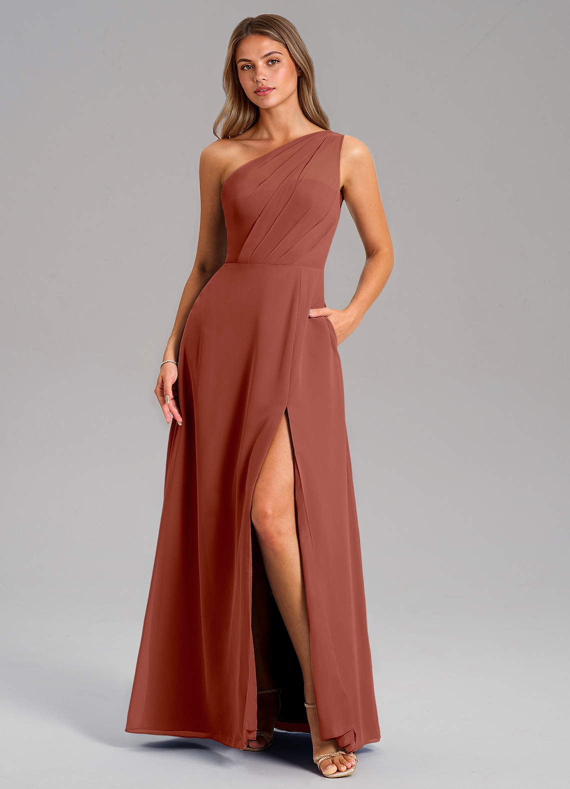 Azazie Phaedra Bridesmaid Dresses Auburn A-Line One Shoulder Chiffon Dress image1