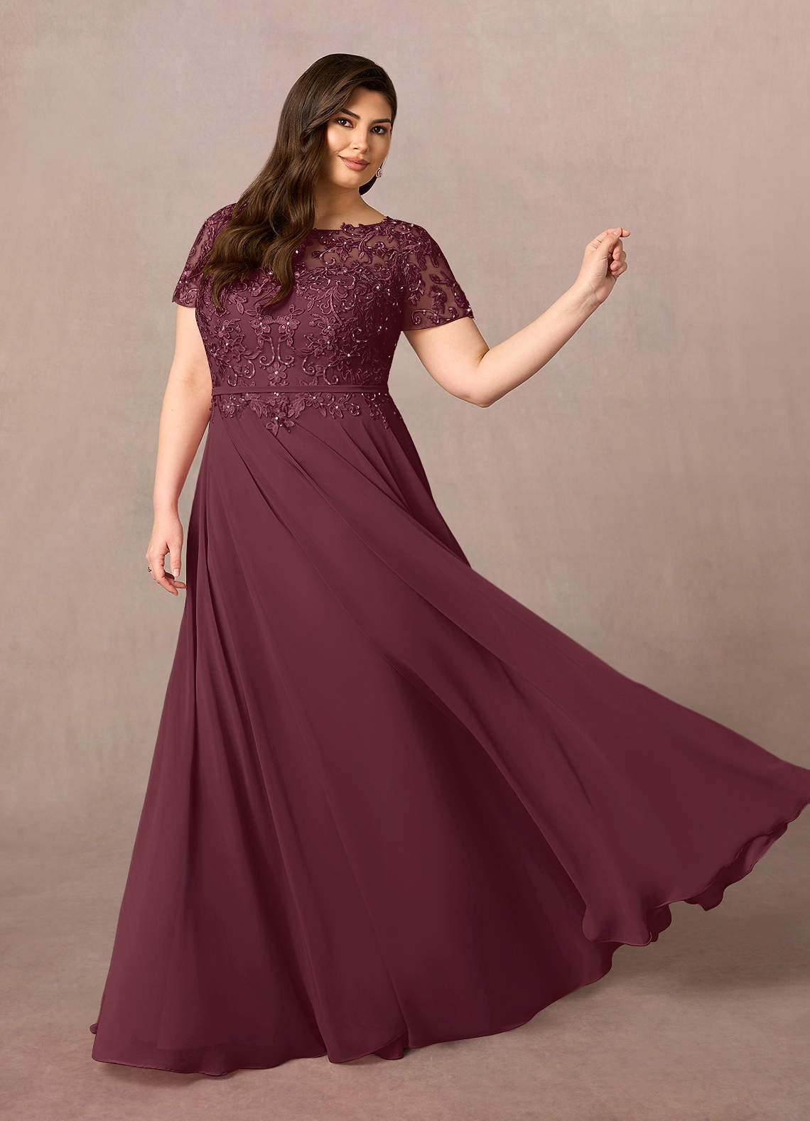 Azazie Adina vestidos de madre de la novia Vestido de Cabernet de Gasa de Corte En A con Cuello barco Lentejuelas image7