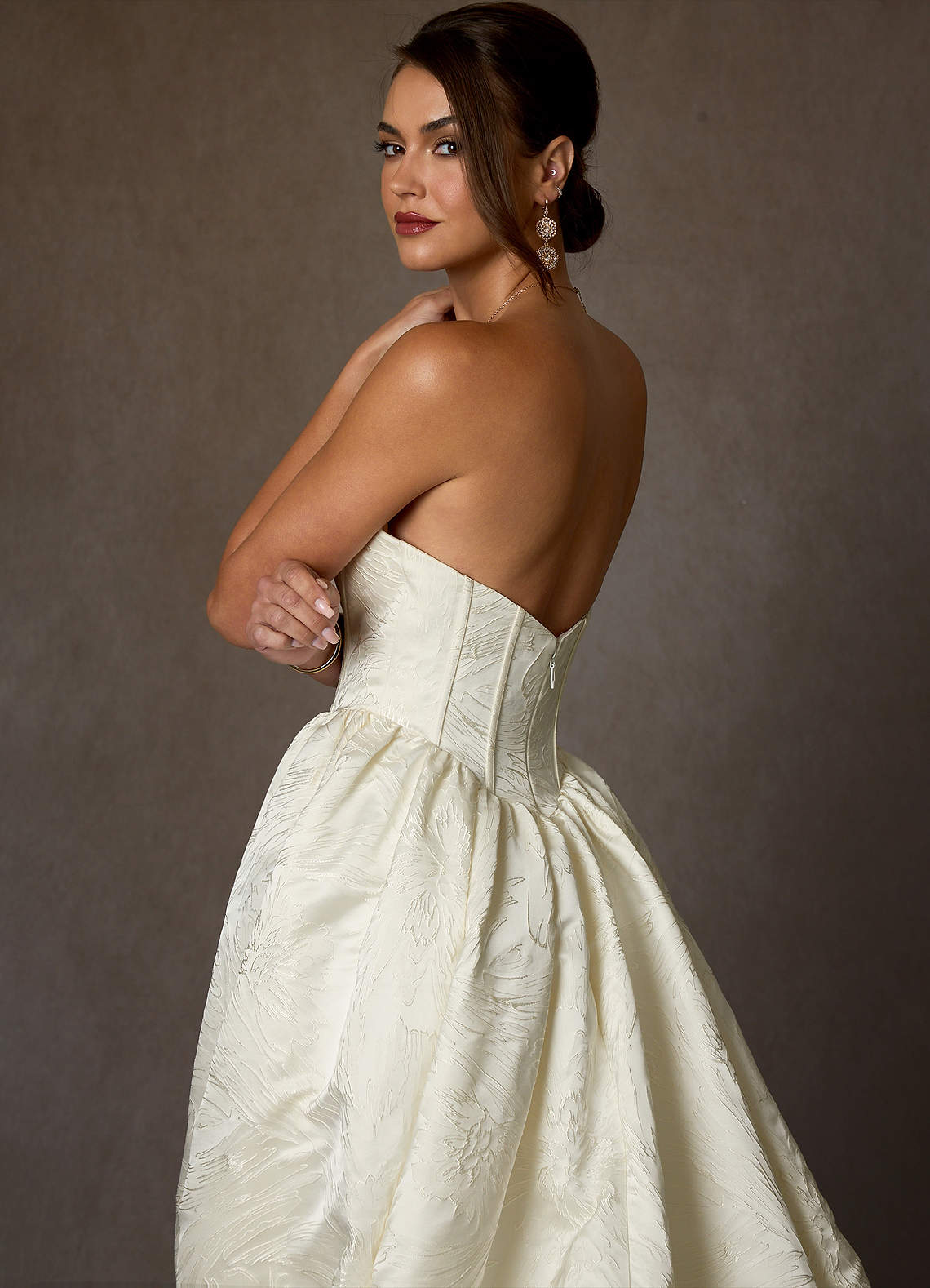 Azazie Demetria Wedding Dresses Antique White Ball-Gown Strapless Floral Jacquard Dress image5