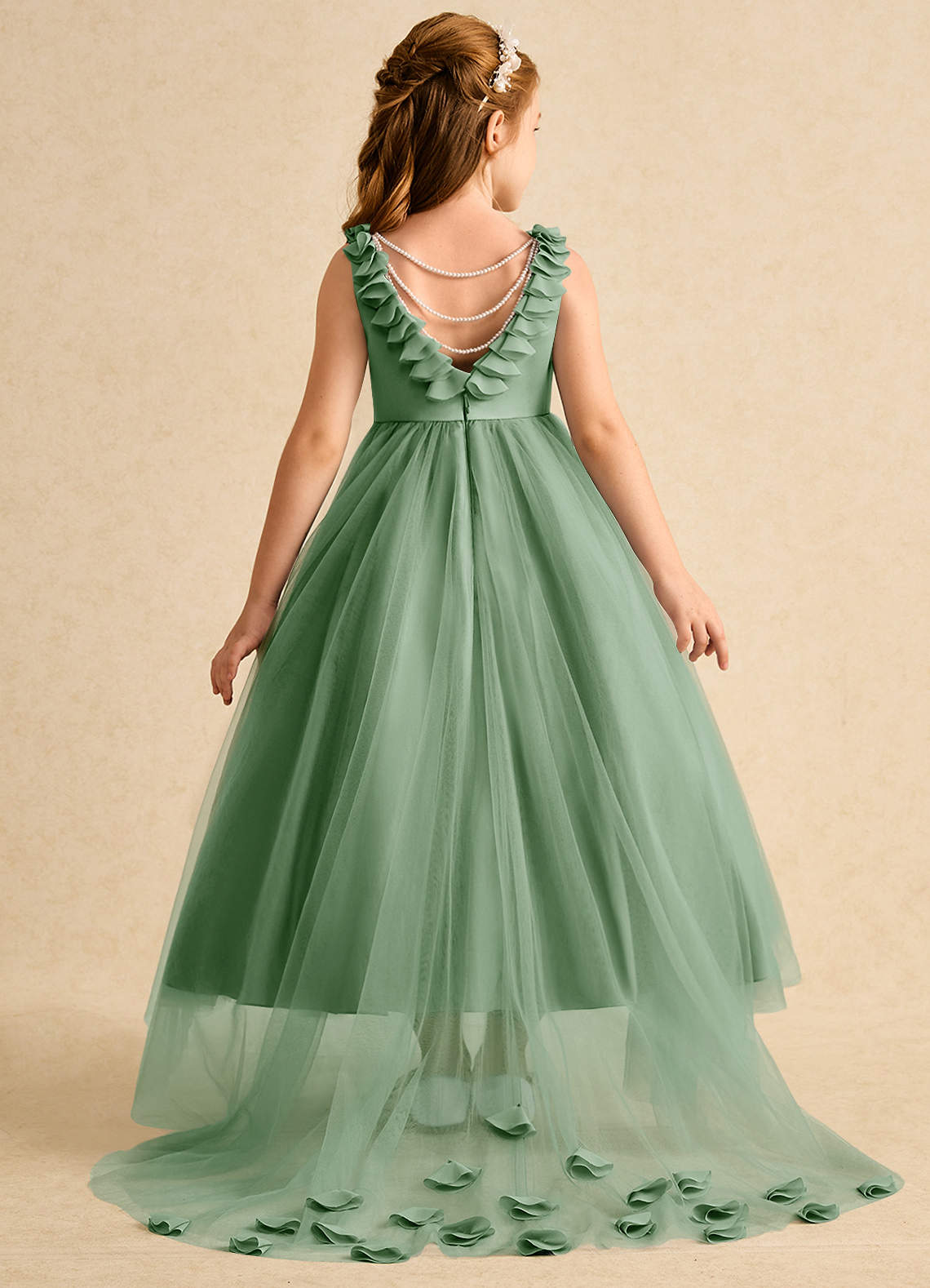 Azazie Lorita Flower Girl Dresses Matcha A-Line Beaded Tulle Dress image1