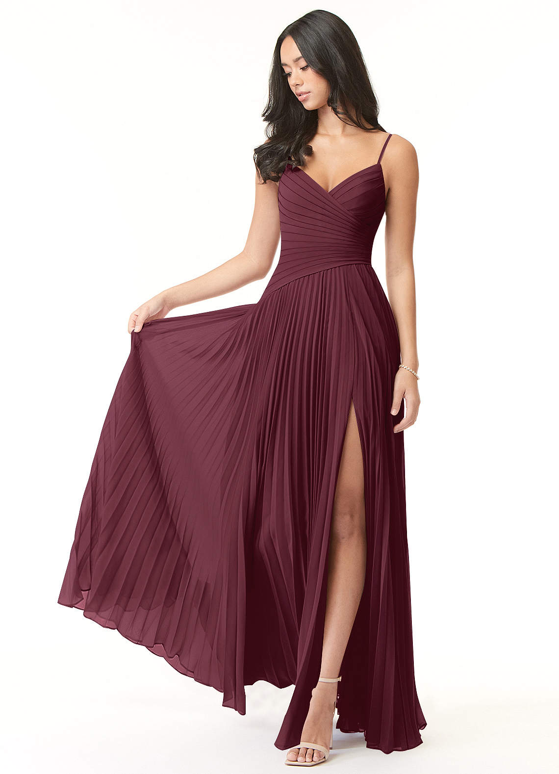 Azazie Vini Brautjungfernkleider A-Linie V-Hals Gefaltet Chiffon Kleid Cabernetrot image1