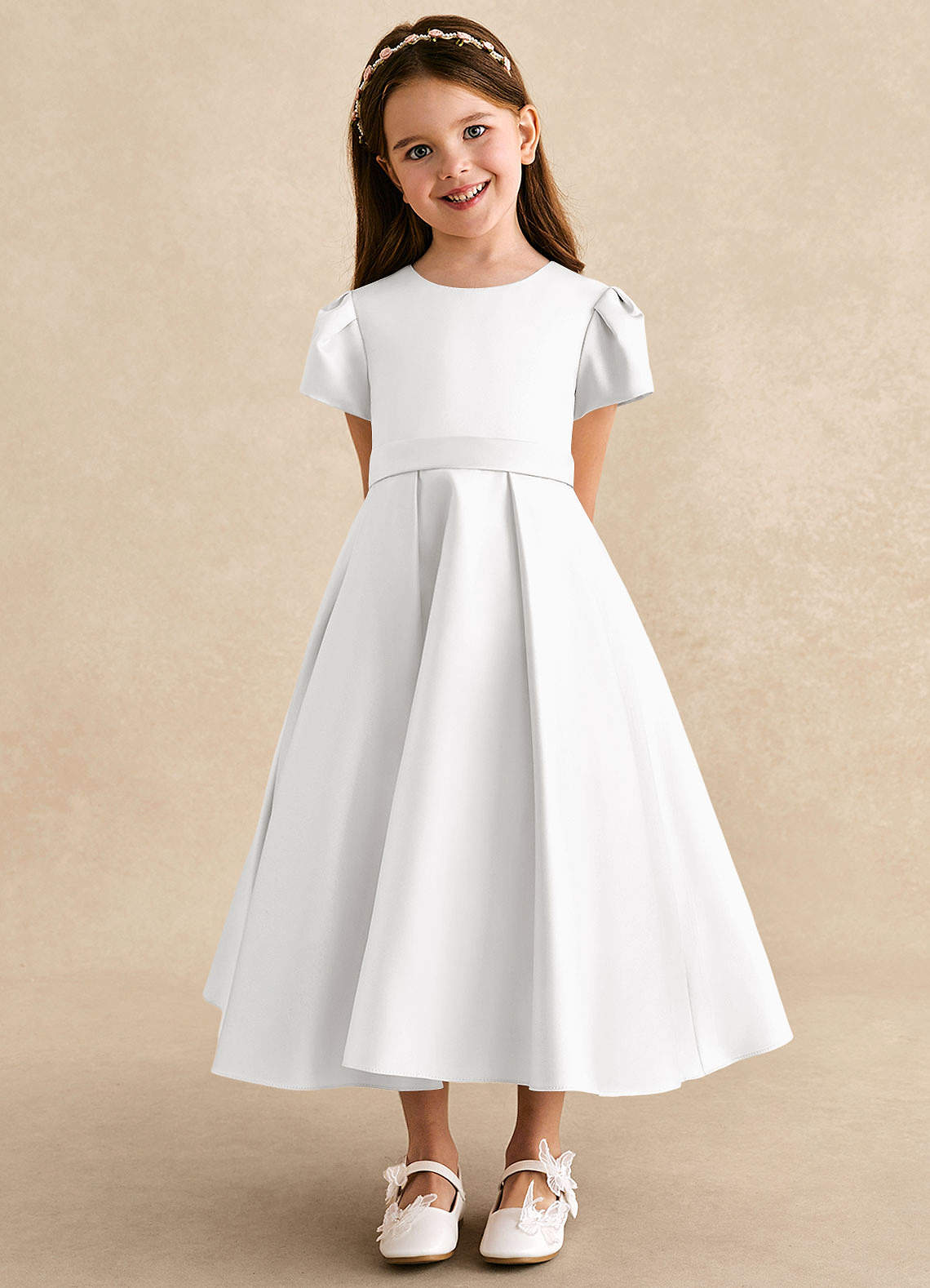 Azazie Princess Flower Girl Dresses White A-Line Pleated Matte Satin Dress image5