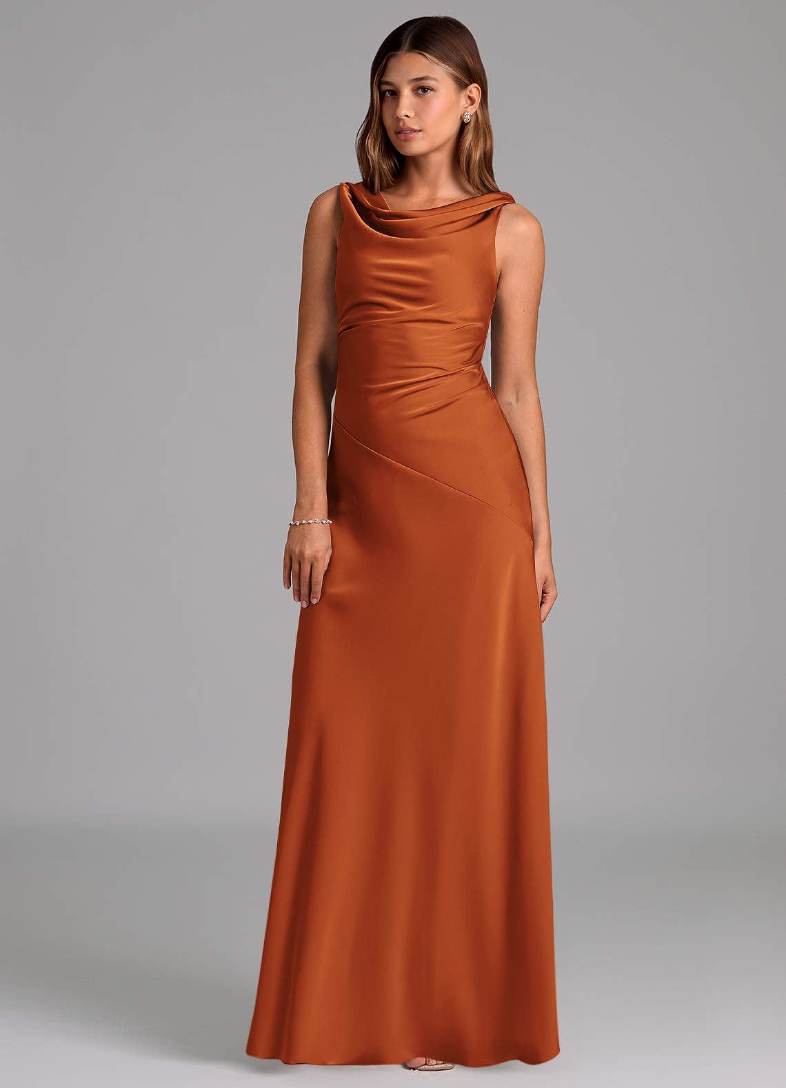 Azazie Nerine Bridesmaid Dresses Cinnamon A-Line Pleated Stretch Satin Dress image1