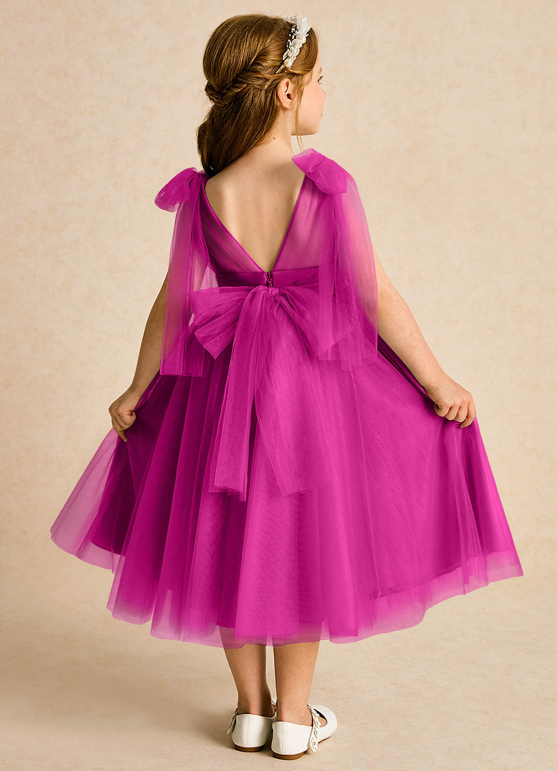 Azazie Dori Robe Demoiselle D'honneur Fillette Robe Trapèze en Tulle Rayé Fuchsia image1