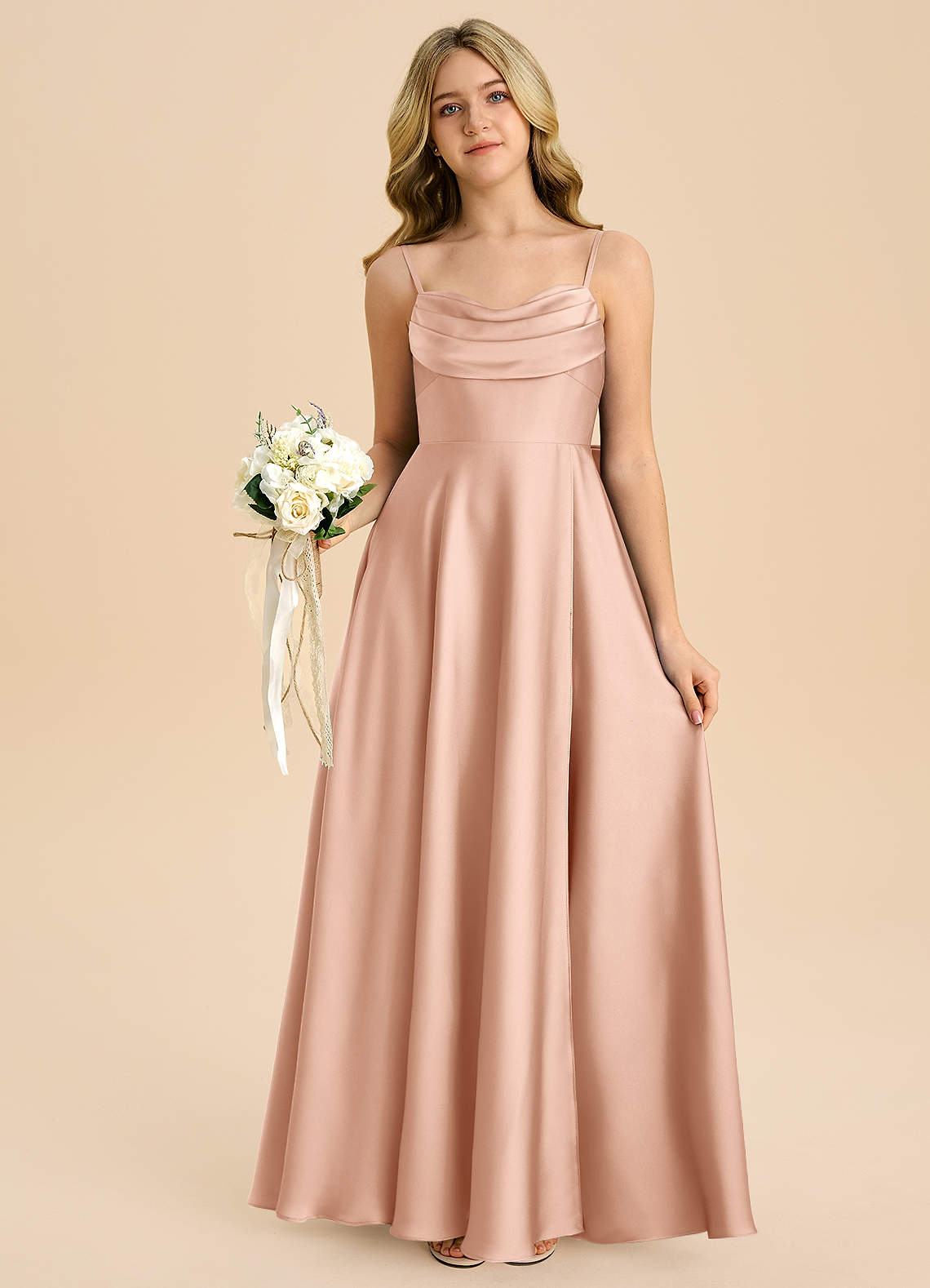 Azazie Bear Junior Rose Gold A-Line Sweetheart Neckline Stretch Satin Dress image6