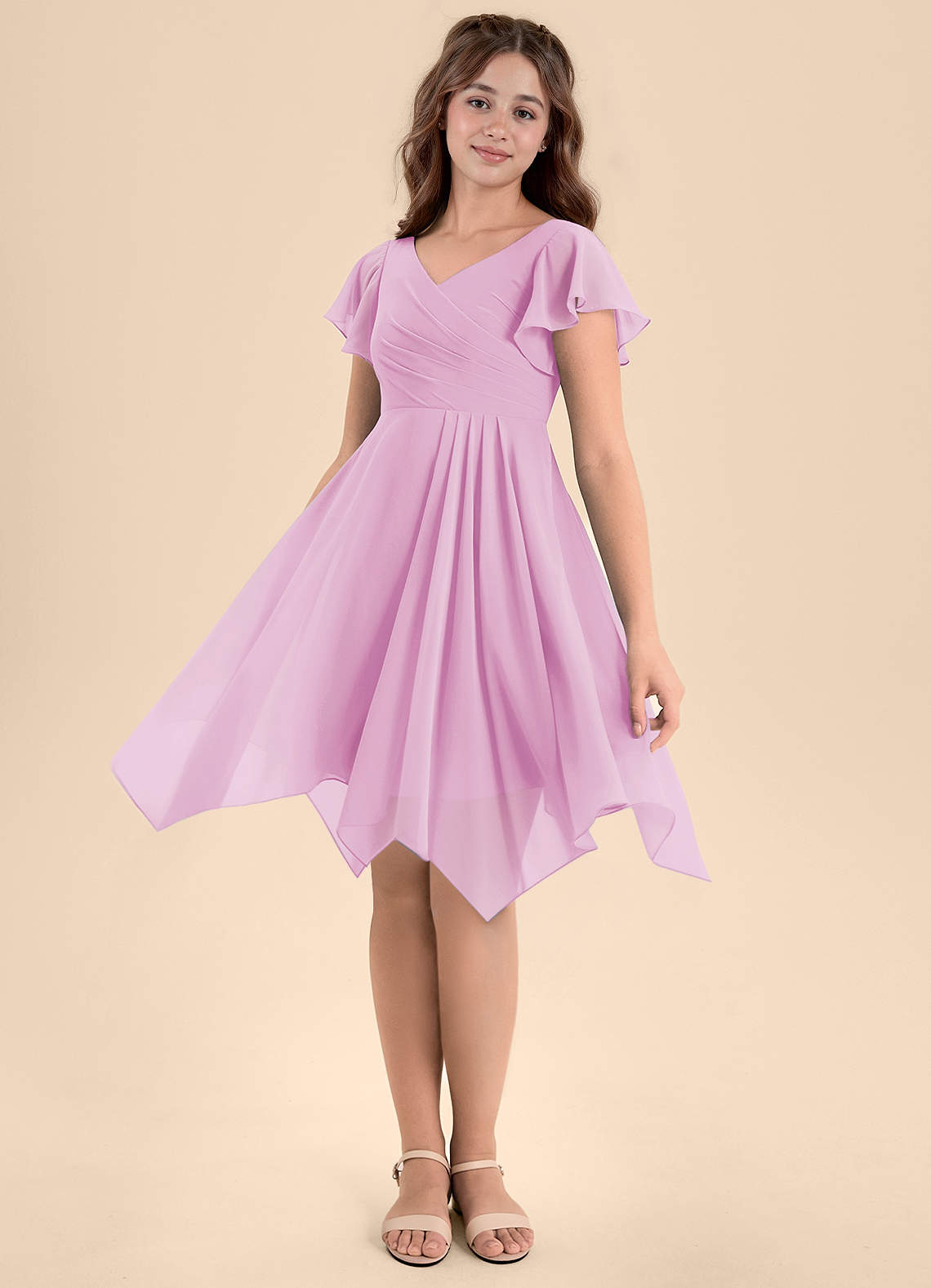 Azazie Janeaurelia Junior Vestido de Rosa Caramelo de Gasa de Corte En A con Plisado image3
