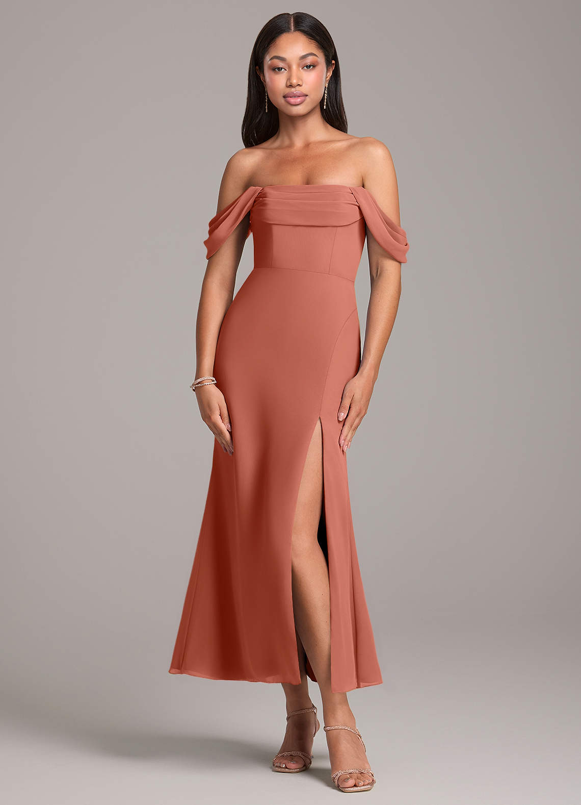 Azazie Saige Bridesmaid Dresses Clay Sheath Off the Shoulder Chiffon Convertible Dress image1
