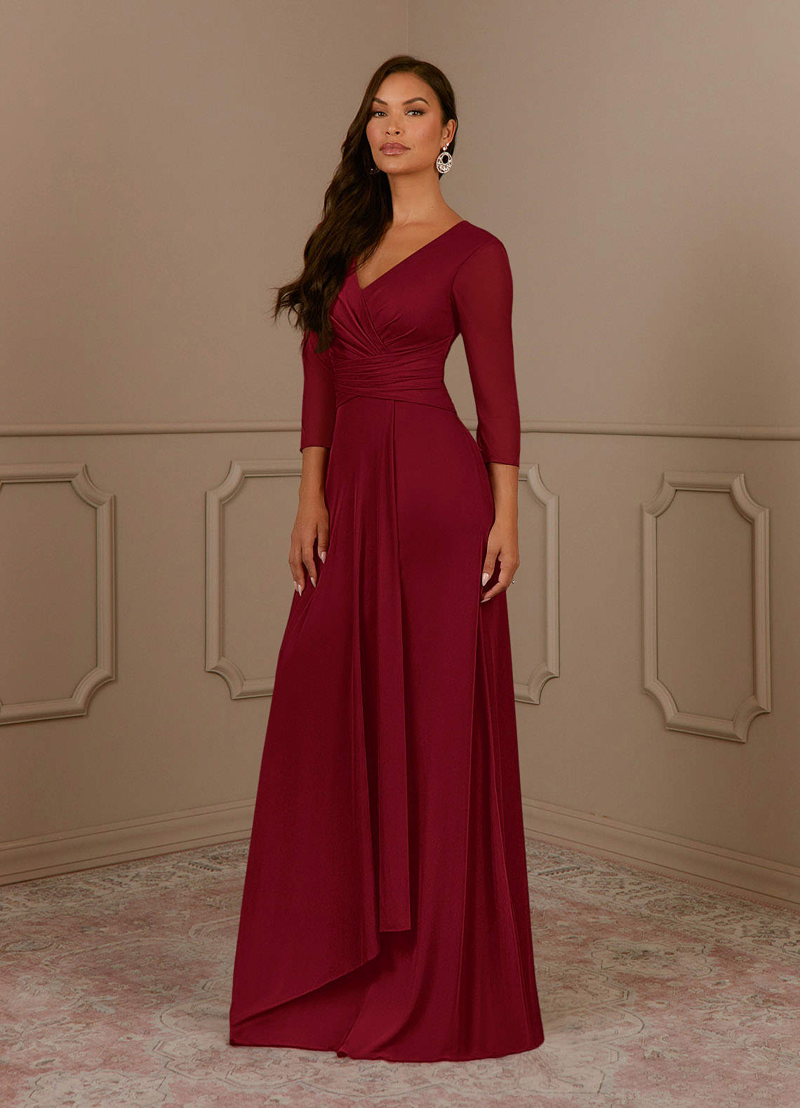 Azazie Annetta Abiti per la Madre della Sposa Abito A-Line in Maglia Plissettao con Scollo a V Borgogna image1