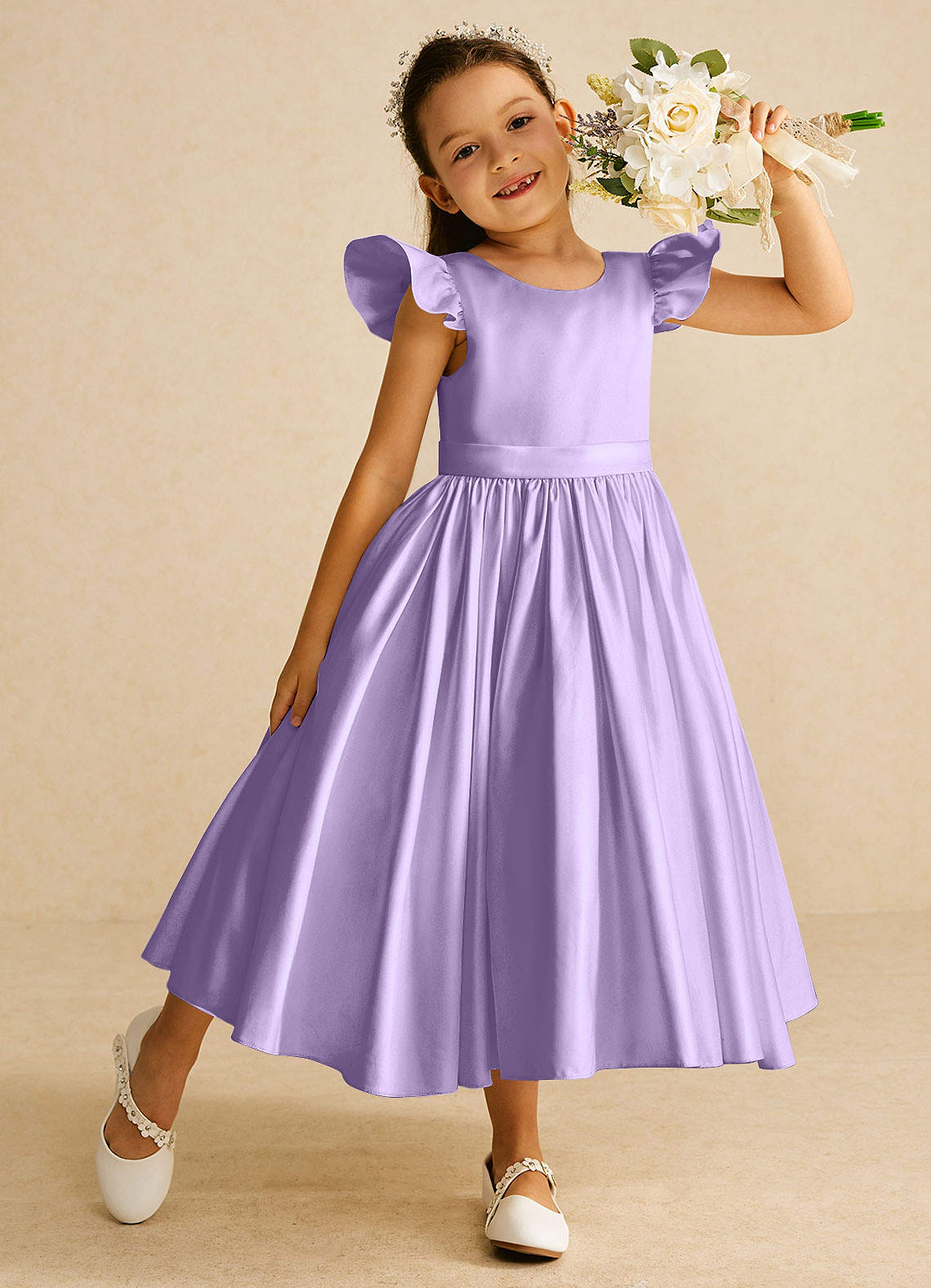 Azazie Violeta vestidos de niña de las flores Vestido de Lila de Satin Mate de Princesa con Lazo image1