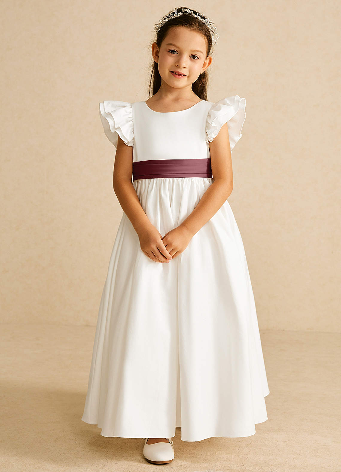Azazie Aero Vestidos de florista Vestido Marfim Rosa Do Deserto de Algodão de Linha A com Plissado image3