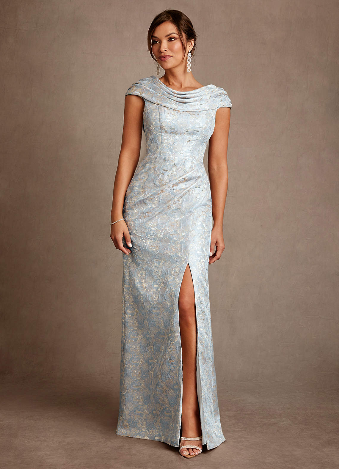 Azazie Irvine Mother of the Bride Dresses Dusty Blue A-Line Pleated Floral Jacquard Dress image2