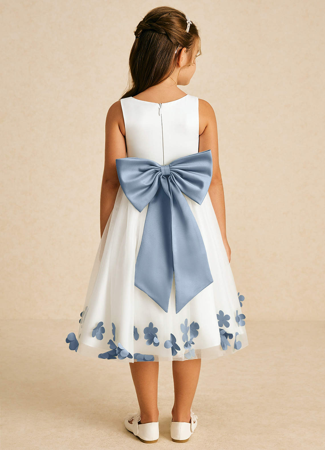 Azazie Dot Flower Girl Dresses Ivory Dusty Blue A-Line Bow Tulle Dress image1