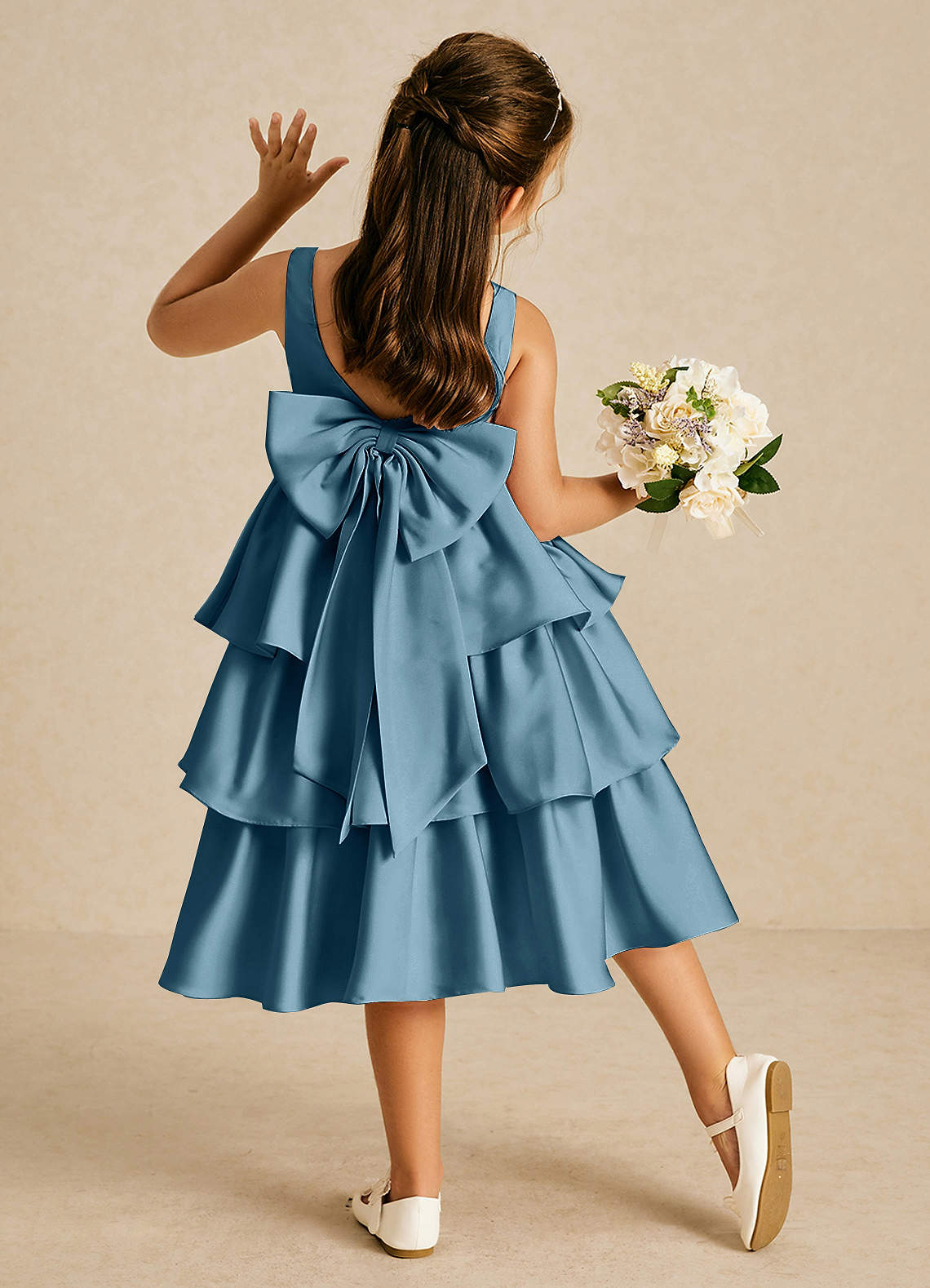 Azazie Margery Flower Girl Dresses Bermuda A-Line Bow Stretch Satin Dress image1