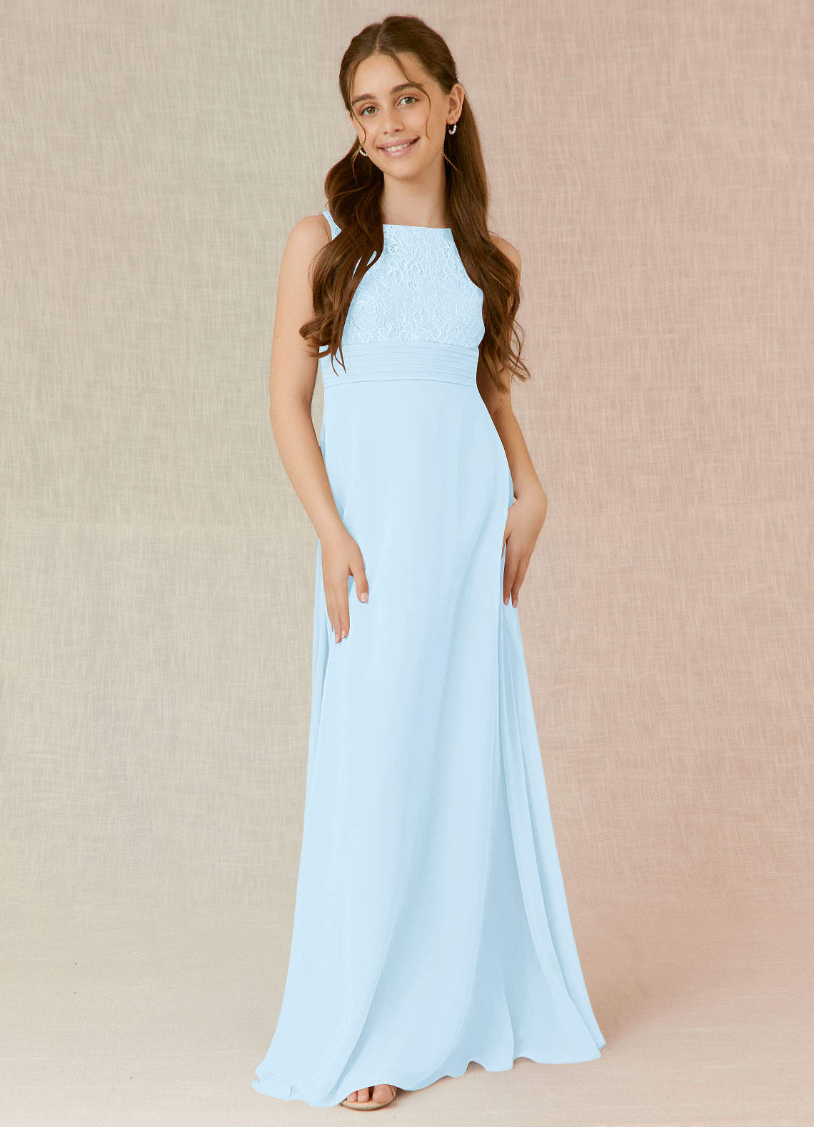 Azazie Snow Junior Sky Blue A-Line Lace Chiffon Dress image3