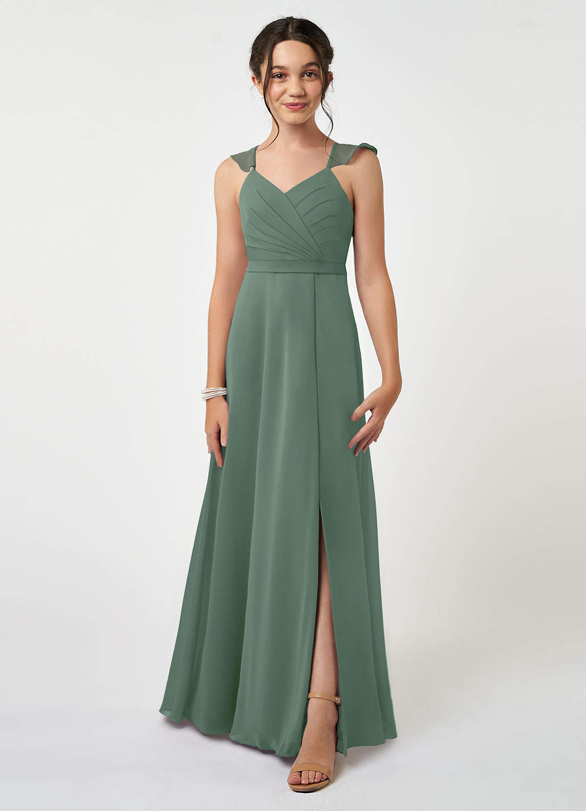 Azazie Emily Junior Eucalyptus A-Line Ruched Chiffon Dress image1