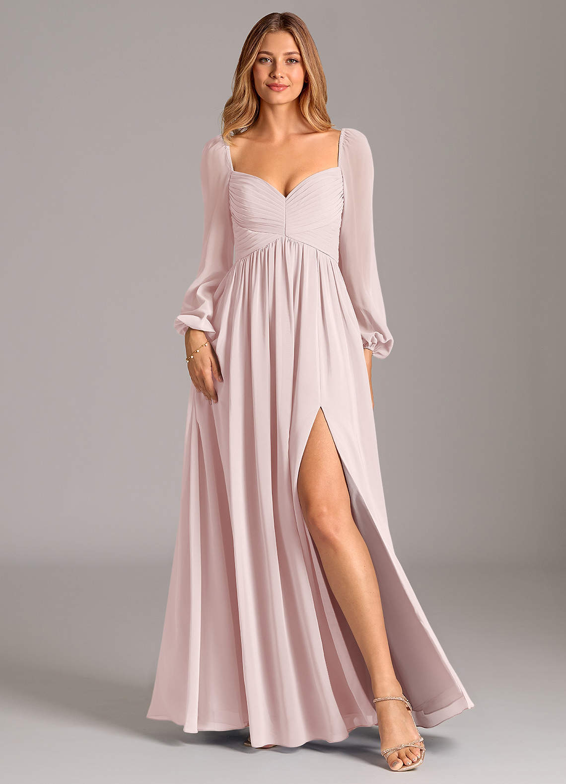 Azazie Alia Bridesmaid Dresses Blushing Pink A-Line Long Sleeve Chiffon Dress image1
