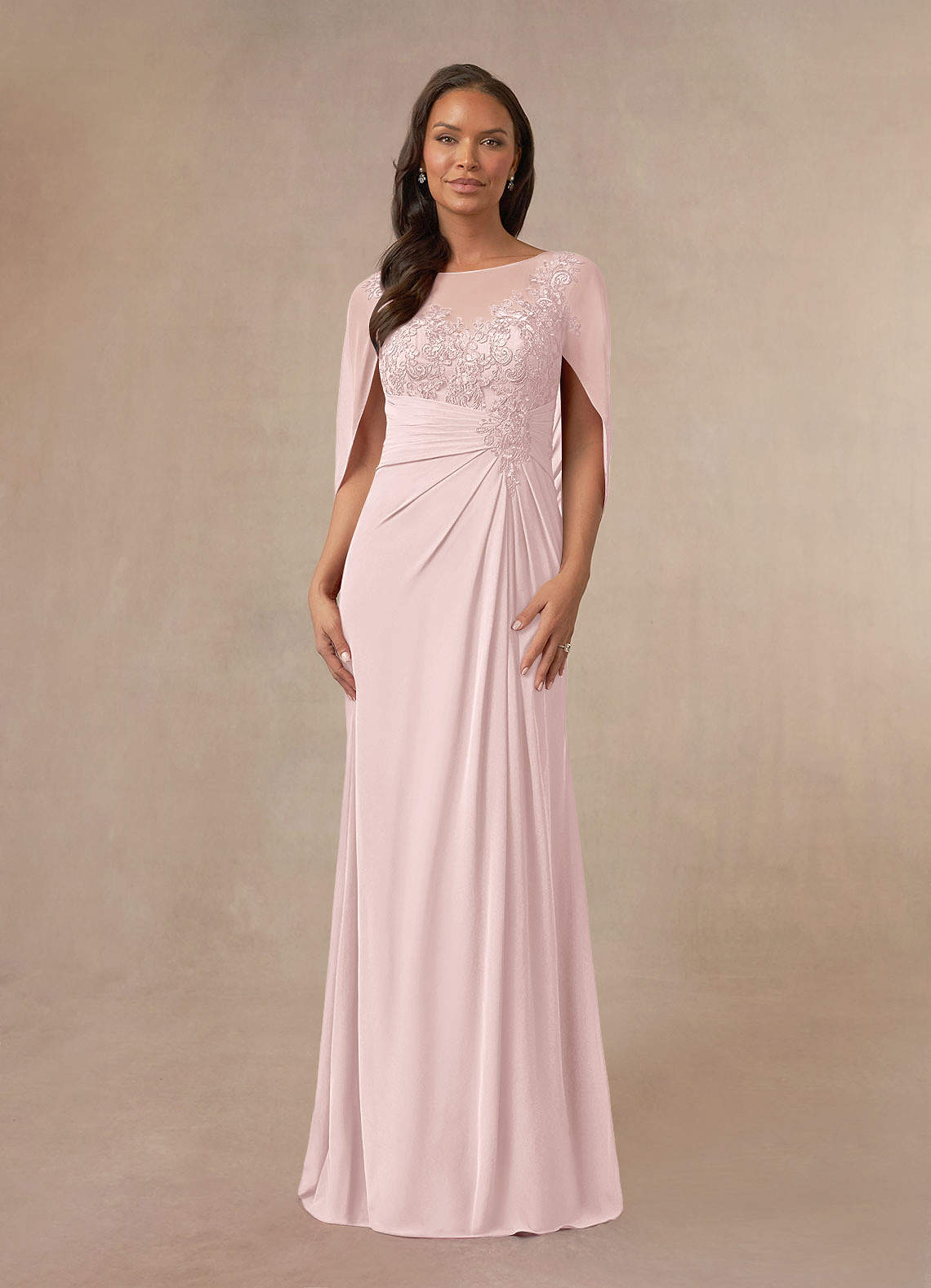 Azazie Hera Blushing Pink A-Line Lace Capelet Chiffon Dress
