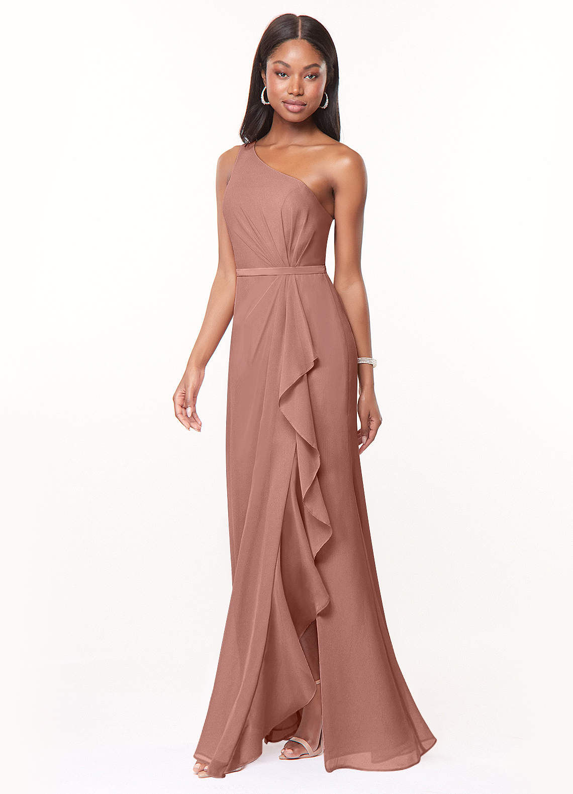 Azazie Liza Bridesmaid Dresses Cedar Rose Mermaid One Shoulder Chiffon Dress image1