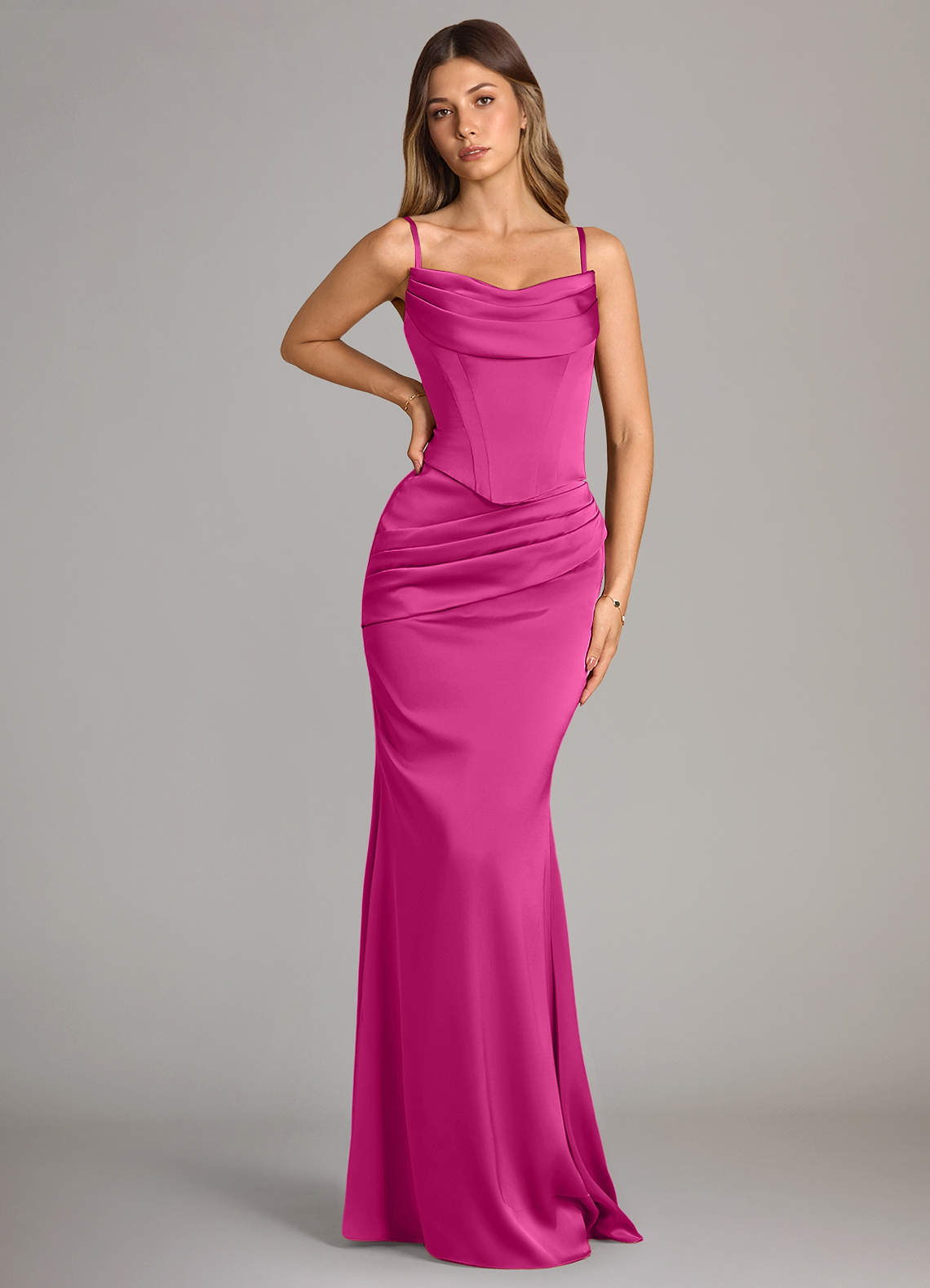Azazie Sorrel Vestidos de damas de honor Vestido de Fucsia de Satén Elástico de Corte Sirena Convertible con Sin tirantes image5