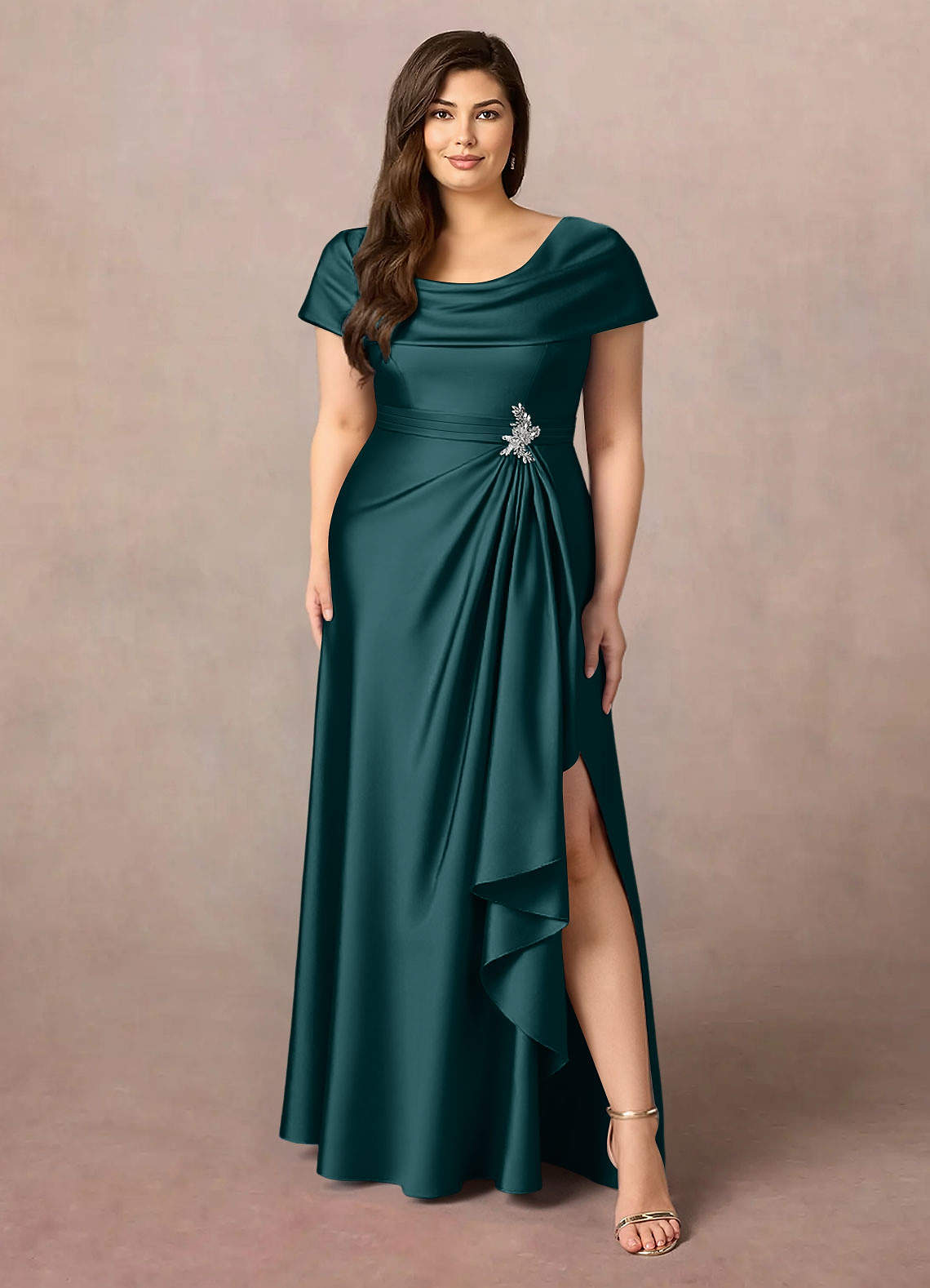 Azazie Branford Mother of the Bride Dresses Pine A-Line Pleated Stretch Satin Dress image8