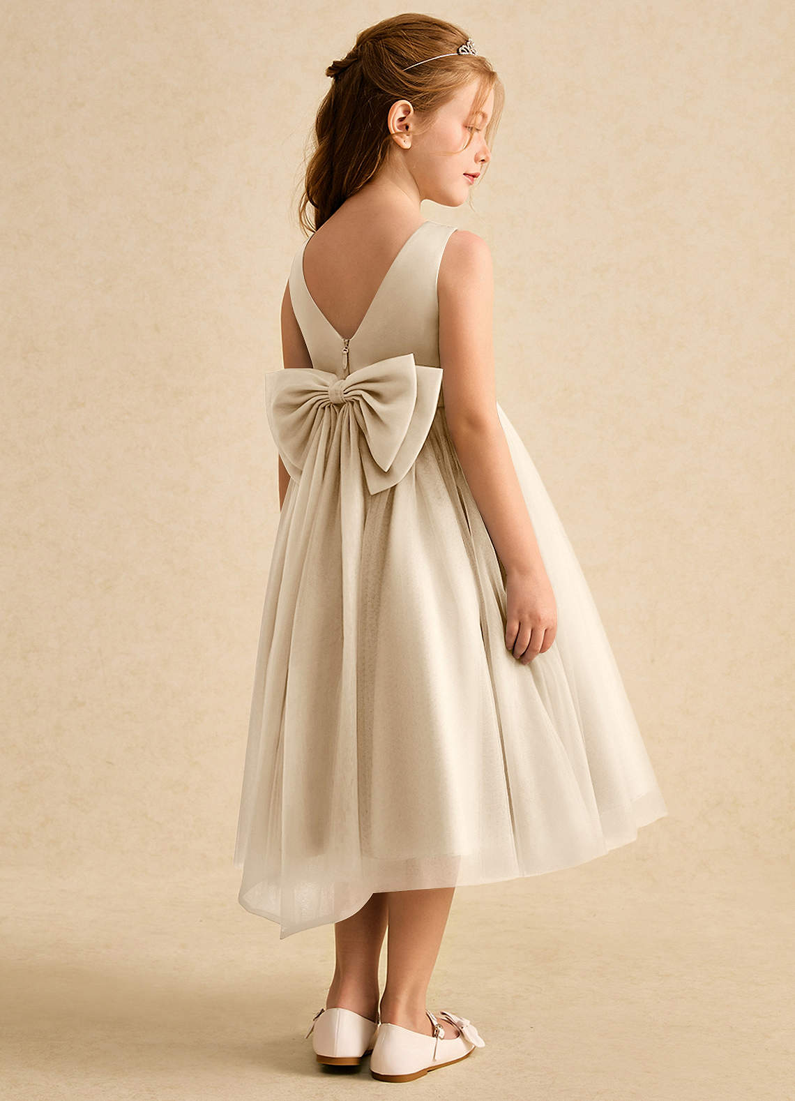 Azazie Winnie Flower Girl Dresses Champagne Ball-Gown Bow Tulle Dress image2