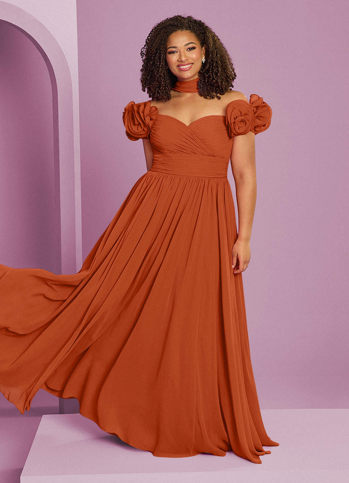 Barbie ♥ Azazie Jurken voor bruidsmeisjes Converteerbaar Jurk van Chiffon met A-Lijn Off the Shoulder Verbrande Sinaasappel image1