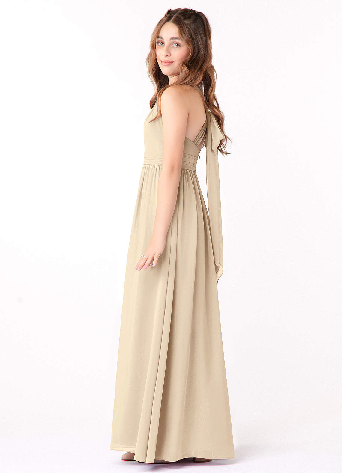 Azazie Jaylah Junior Champagne A-Line Ruched Chiffon Dress image2