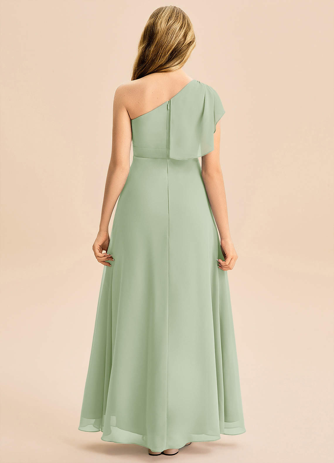 Azazie Delilah Junior Dusty Sage A-Line Ruched Chiffon Dress image4