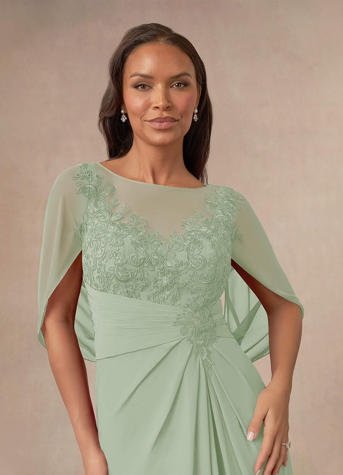 Azazie Hera Mother of the Bride Dresses Dusty Sage A-Line Lace Capelet Chiffon Dress image4