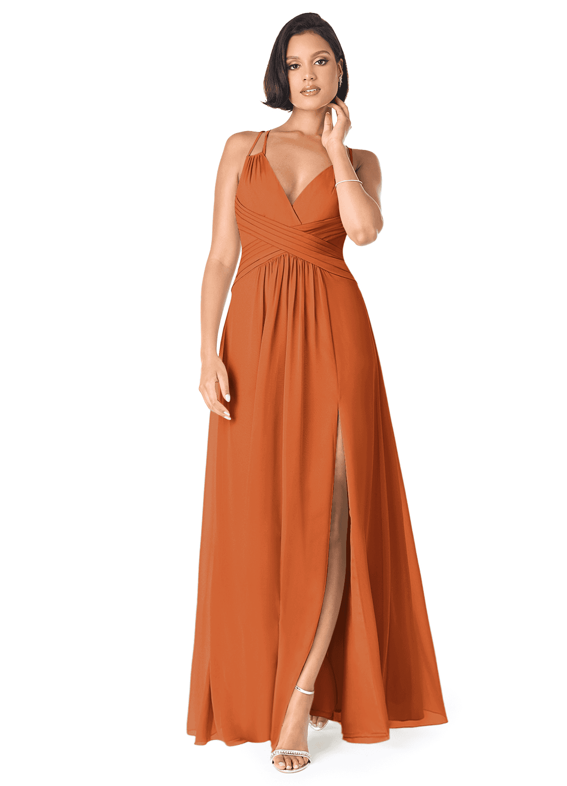 Azazie Farren Bridesmaid Dresses Cinnamon A-Line Pleated Chiffon Convertible Dress image1