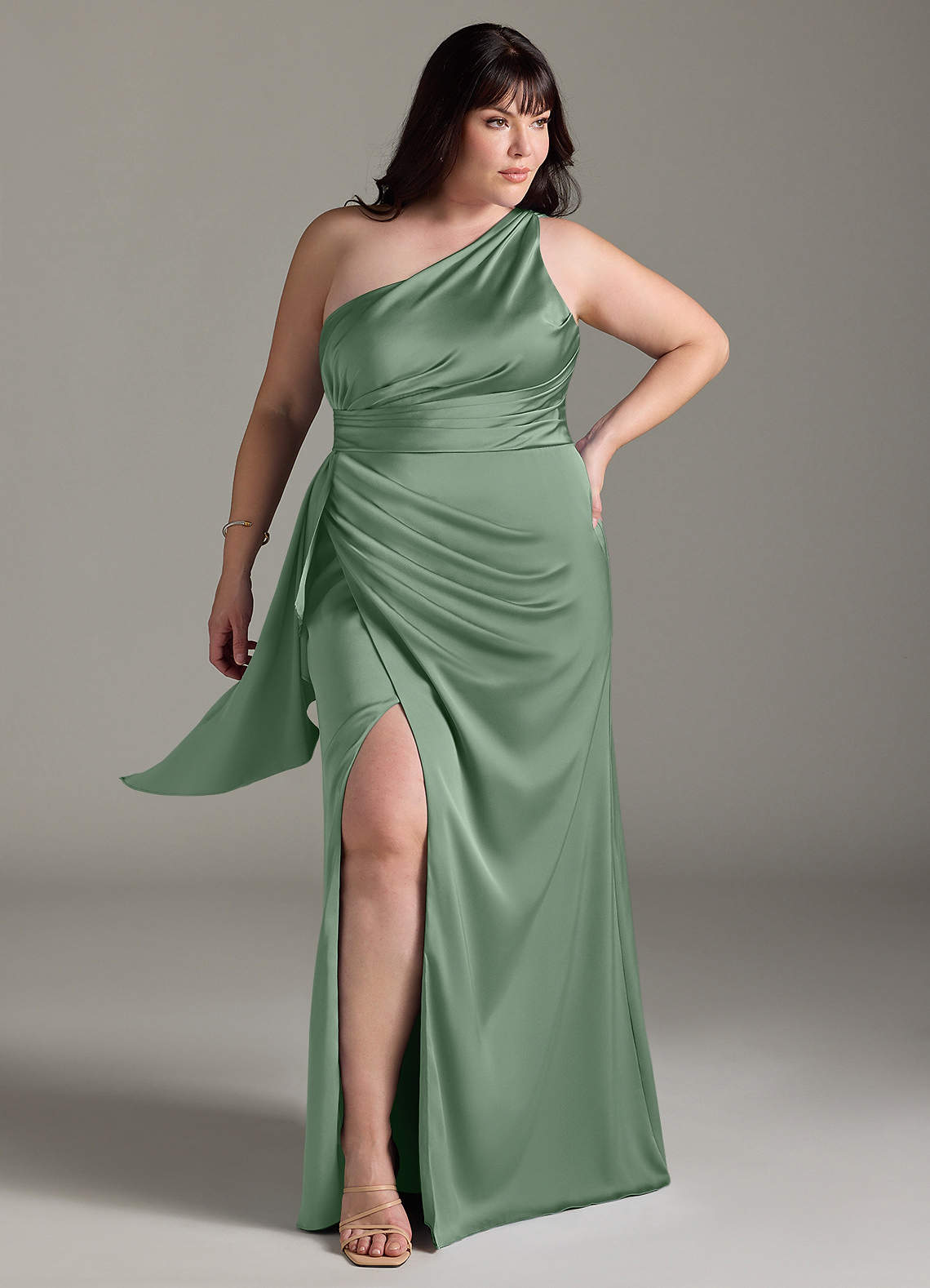 Azazie Maive Brautjungfernkleider Etui Gestreift Stretch-Satin Kleid Matcha image1
